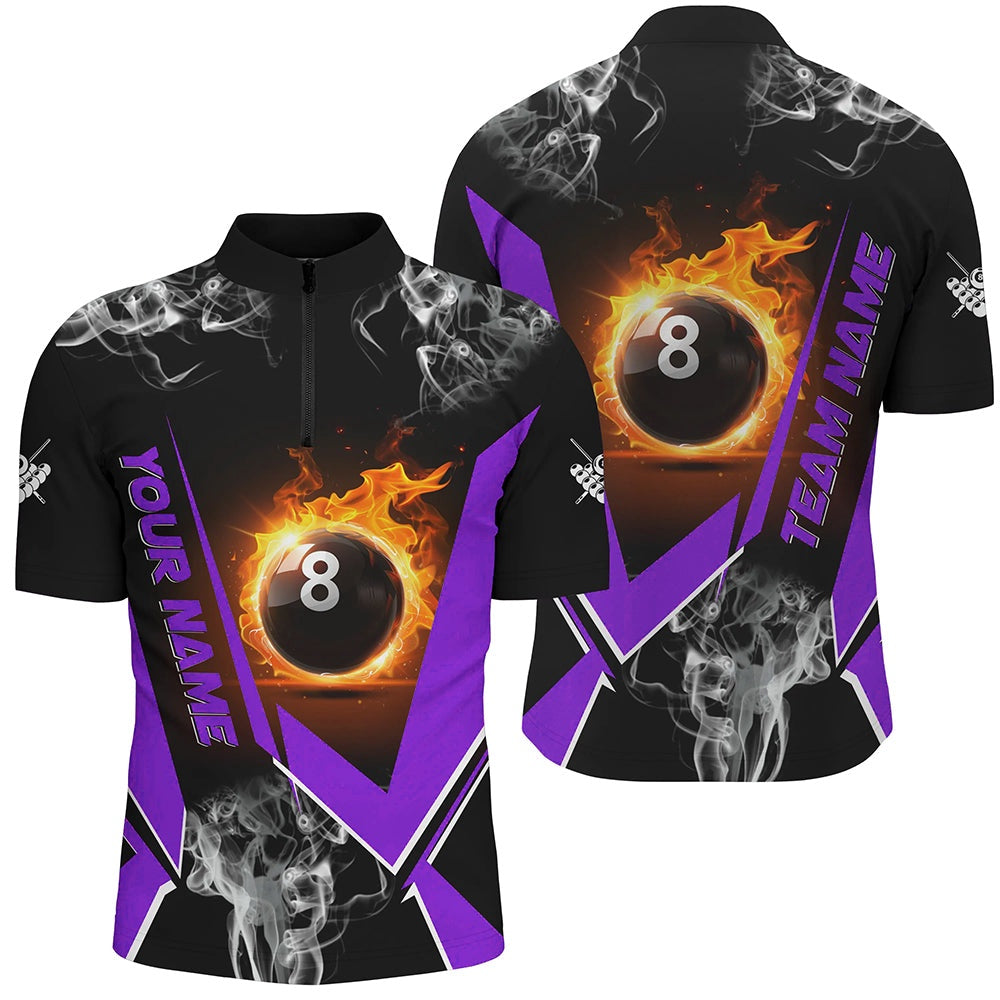 Billiard Polo Shirts, Purple Billiard Jersey Flame 8 Ball Pool Custom Billiard Shirts Team League Billiard Uniform, Billiards Team Shirts
