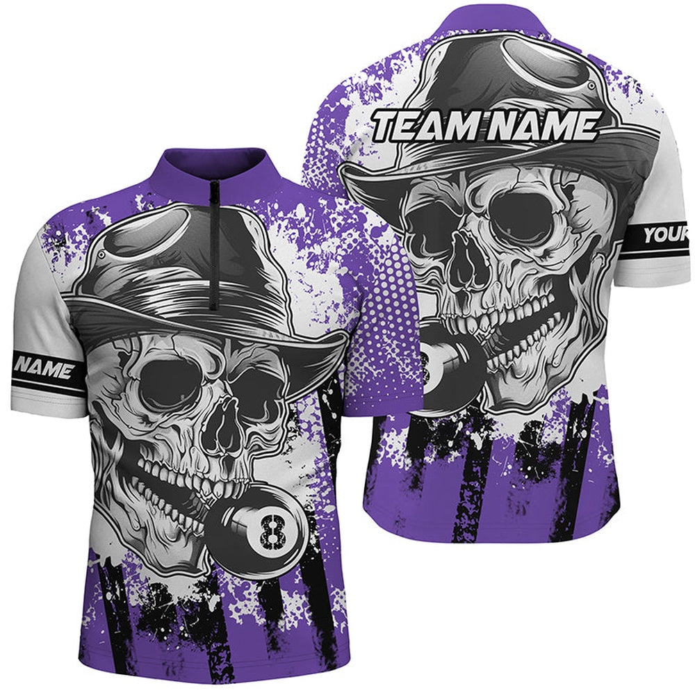 Billiard Polo Shirts, Purple Billiard Skull Holding 8 Ball Polo Shirts Custom Billiard Jersey Attire, Billiards Team Shirts