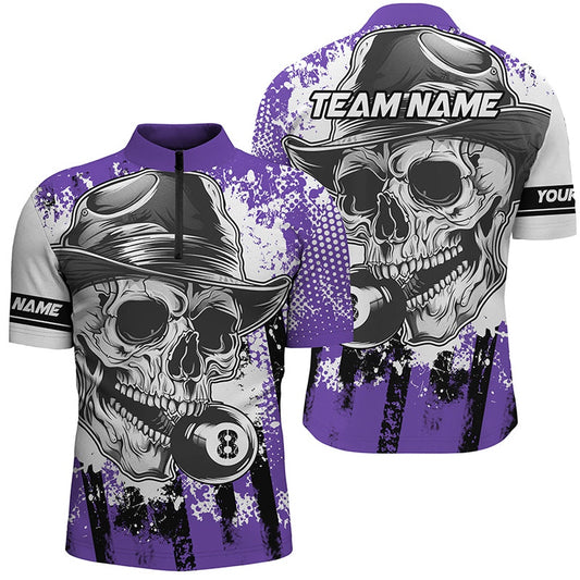 Billiard Polo Shirts, Purple Billiard Skull Holding 8 Ball Polo Shirts Custom Billiard Jersey Attire, Billiards Team Shirts