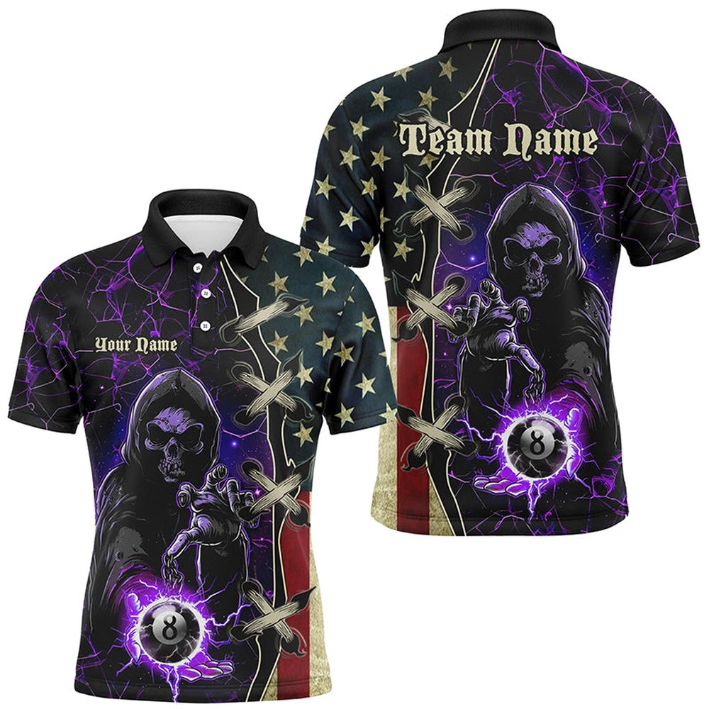 Billiard Polo Shirts, Purple Death Skeleton Lightning US Flag Billiard Shirts, Patriotic Team League Pool Jerseys, Billiards Team Shirts