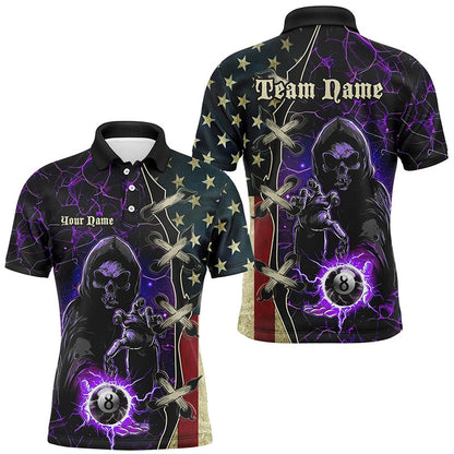 Billiard Polo Shirts, Purple Death Skeleton Lightning US Flag Billiard Shirts, Patriotic Team League Pool Jerseys, Billiards Team Shirts