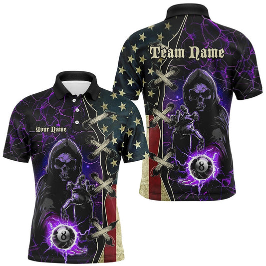 Billiard Polo Shirts, Purple Death Skeleton Lightning US Flag Billiard Shirts, Patriotic Team League Pool Jerseys, Billiards Team Shirts