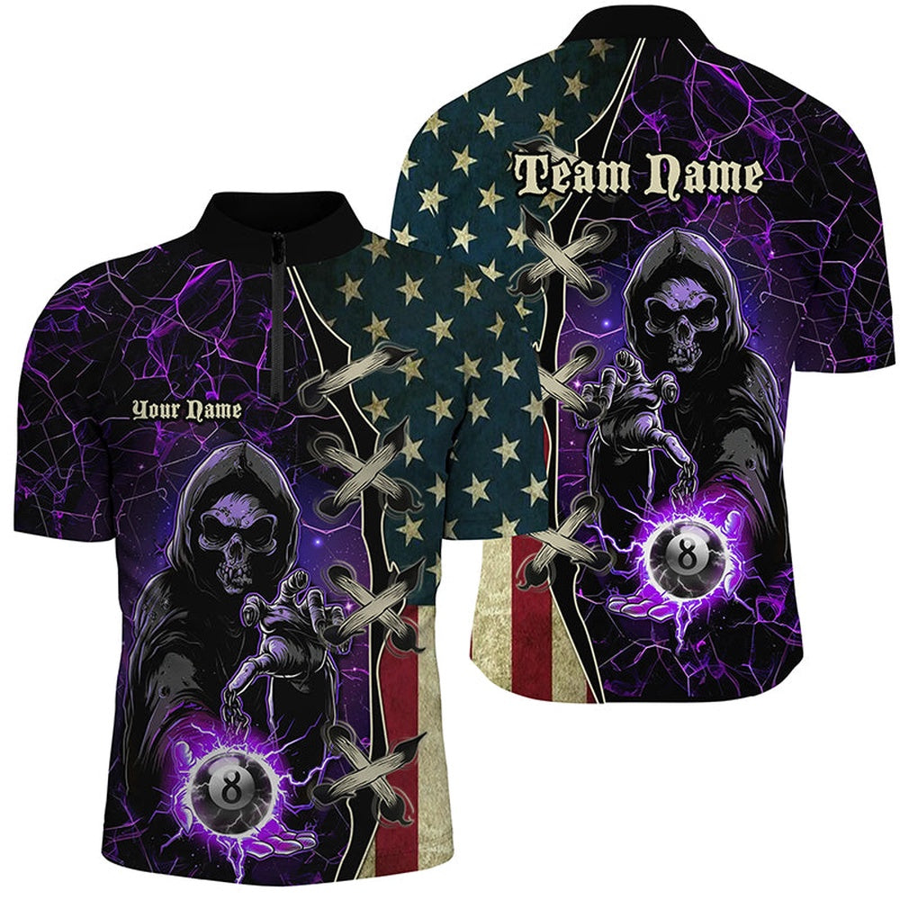 Billiard Polo Shirts, Purple Death Skeleton Lightning US Flag Billiard Shirts, Patriotic Team League Pool Jerseys, Billiards Team Shirts