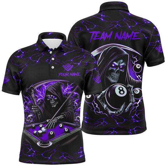 Billiard Polo Shirts, Purple Funny Death Skeleton 8 Ball Pool Billiard Shirts Custom Name Lightning Billiard Jerseys, Billiards Team Shirts