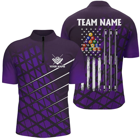 Billiard Polo Shirts, Purple Grunge American Flag Billiard Polo Shirt Custom Pool Player Jersey Shirt, Billiards Team Shirts