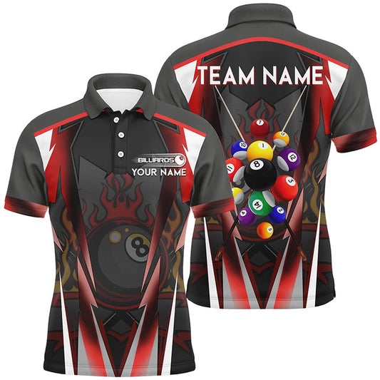 Billiard Polo Shirts, Red 8 Ball Pool Fire Billiard Balls Polo Shirts Customized Team League Billiard Jersey, Billiards Team Shirts