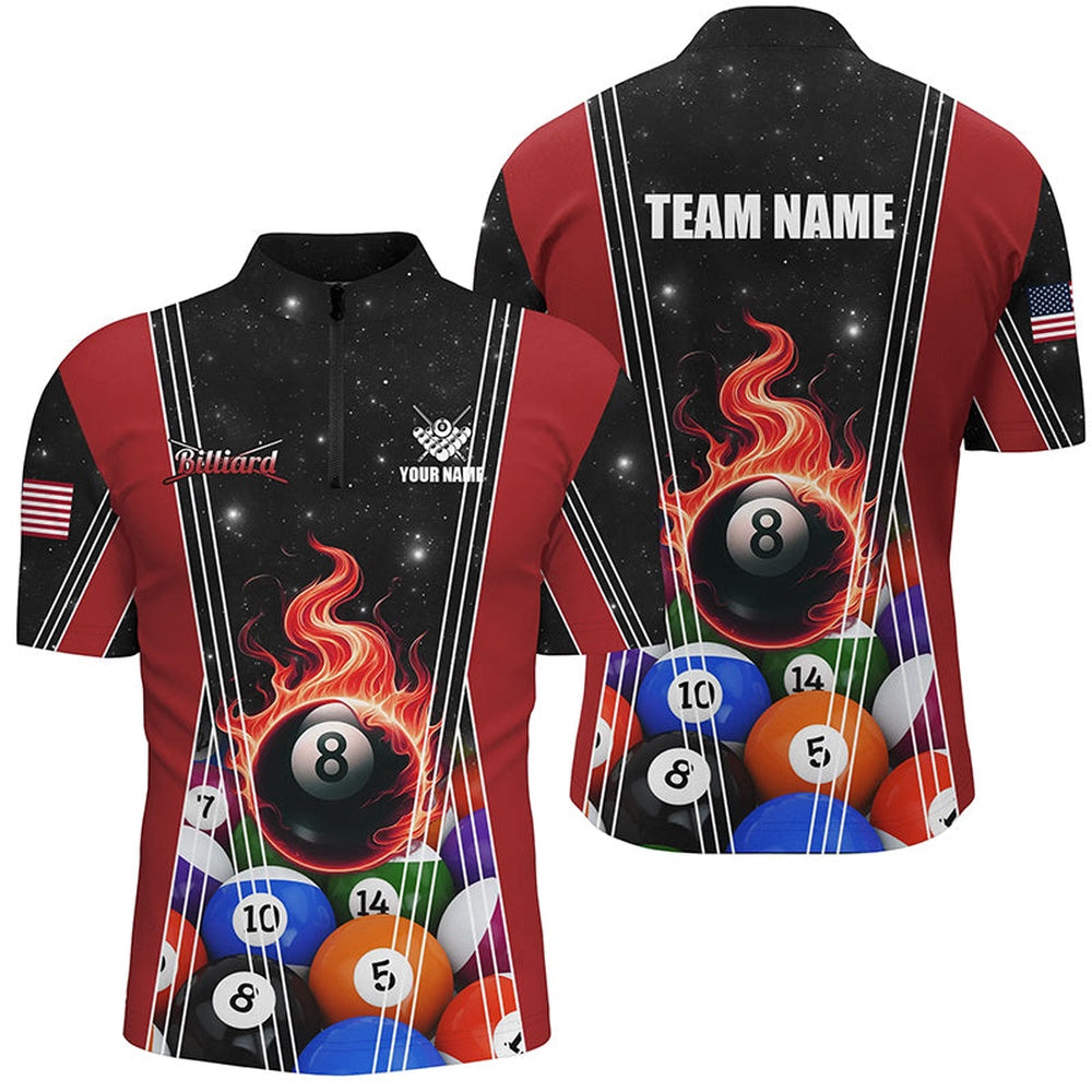 Billiard Polo Shirts, Red 8 Ball Pool Fire Flame Billiard Balls Polo Shirts Custom Billiard Jerseys, Billiards Team Shirts