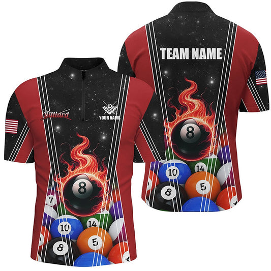 Billiard Polo Shirts, Red 8 Ball Pool Fire Flame Billiard Balls Polo Shirts Custom Billiard Jerseys, Billiards Team Shirts