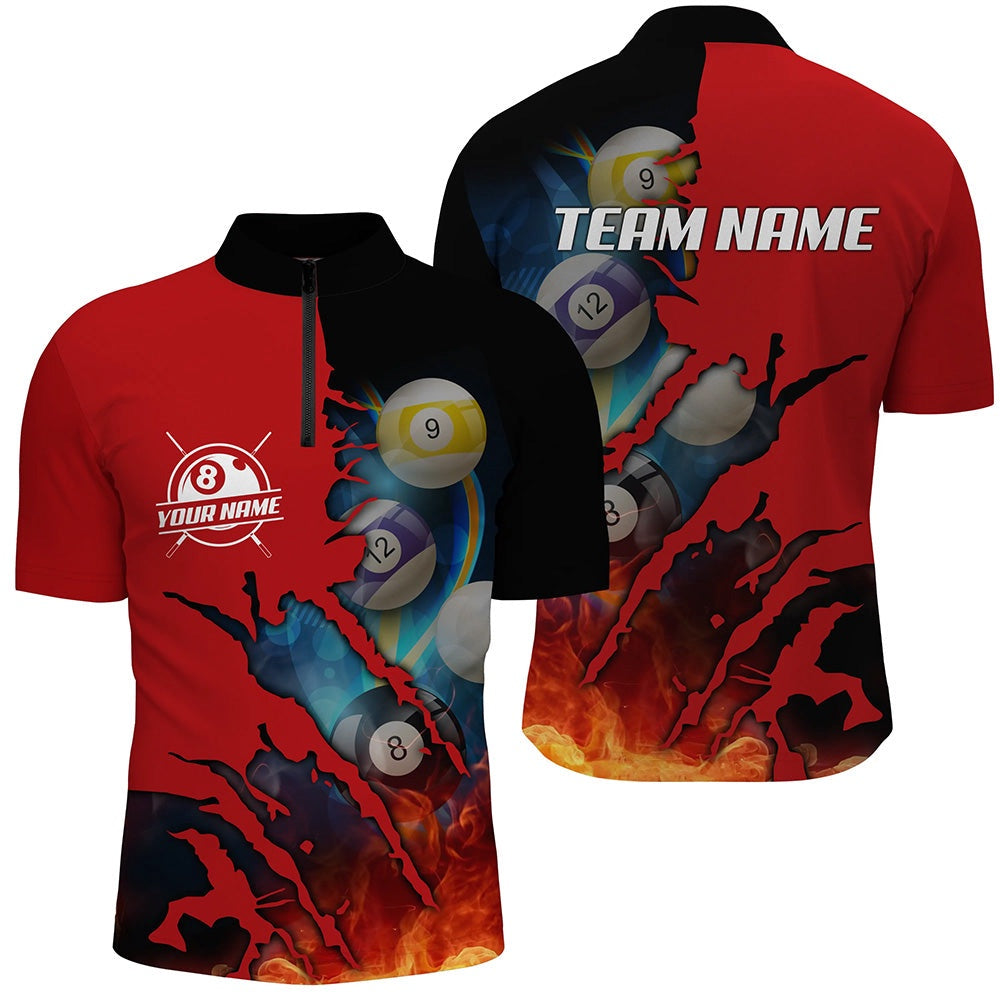 Billiard Polo Shirts, Red Billiard Balls Scratches 3D Fire Customized Polo Shirts, Pool Player Shirts, Billiards Team Shirts