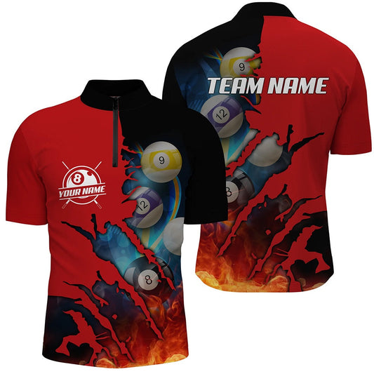 Billiard Polo Shirts, Red Billiard Balls Scratches 3D Fire Customized Polo Shirts, Pool Player Shirts, Billiards Team Shirts