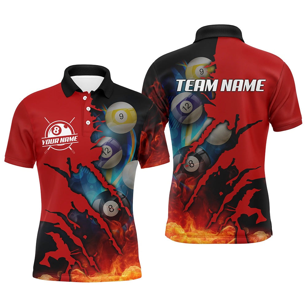Billiard Polo Shirts, Red Billiard Balls Scratches 3D Fire Personalized Name Polo Shirts Custom Pool Player Shirts, Billiards Team Shirts