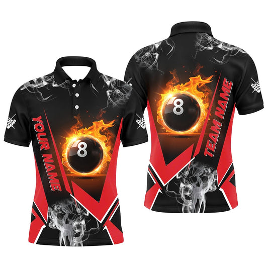 Billiard Polo Shirts, Red Billiard Jersey Flame 8 Ball Pool Custom Billiard Shirts Team League Billiard Uniform, Billiards Team Shirts