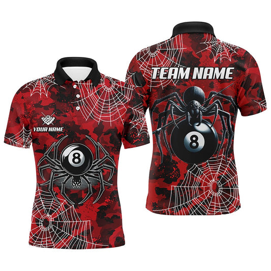 Billiard Polo Shirts, Red Camo Billiard Spider Cobweb Custom Polo & Polo Shirts, Unique 8 Ball Pool Jerseys, Billiards Team Shirts