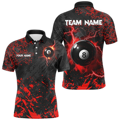 Billiard Polo Shirts, Red Grunge 8 Ball Pool Thunder Lightning Polo Shirts Custom Team League Billiard Jersey Attire, Billiards Team Shirts