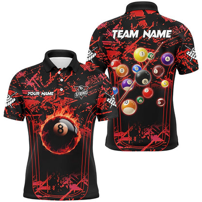 Billiard Polo Shirts, Red Grunge Strike 8 Ball Pool Fire Custom Polo & Polo Shirt, Billiard Balls Team Jersey, Billiards Team Shirts
