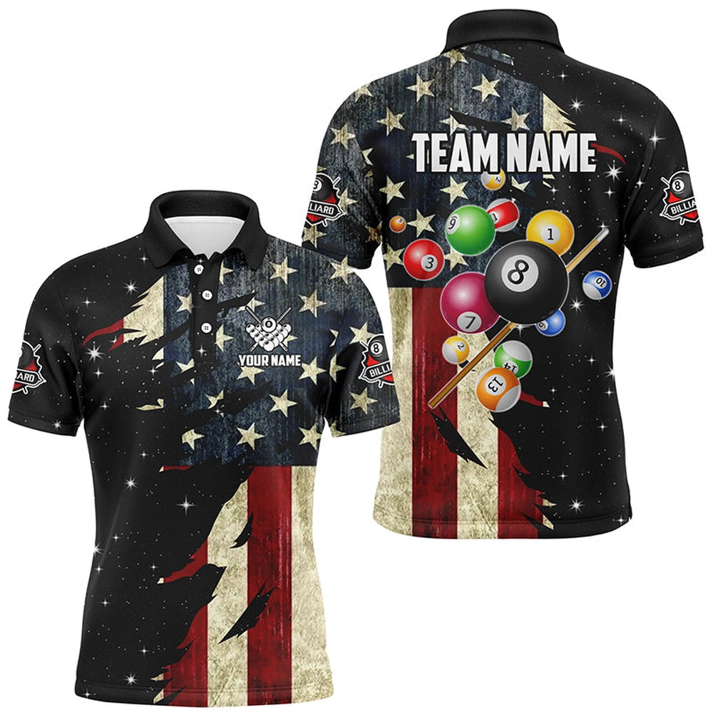 Billiard Polo Shirts, Retro American Flag Dark Galaxy Custom Billiard Balls Pool Shirt, Patriotic Billiard Shirts, Billiards Team Shirts