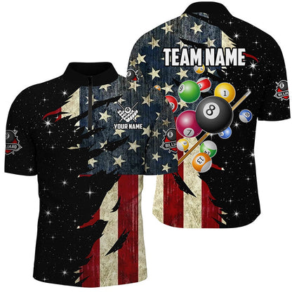 Billiard Polo Shirts, Retro American Flag Dark Galaxy Custom Billiard Balls Pool Shirt, Patriotic Billiard Shirts, Billiards Team Shirts