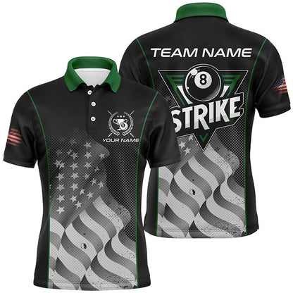 Billiard Polo Shirts, Retro American Flag Strike 8 Ball Billiard Shirts Custom Patriotic Billiard Jerseys Green, Billiards Team Shirts