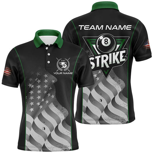 Billiard Polo Shirts, Retro American Flag Strike 8 Ball Billiard Shirts Custom Patriotic Billiard Jerseys Green, Billiards Team Shirts