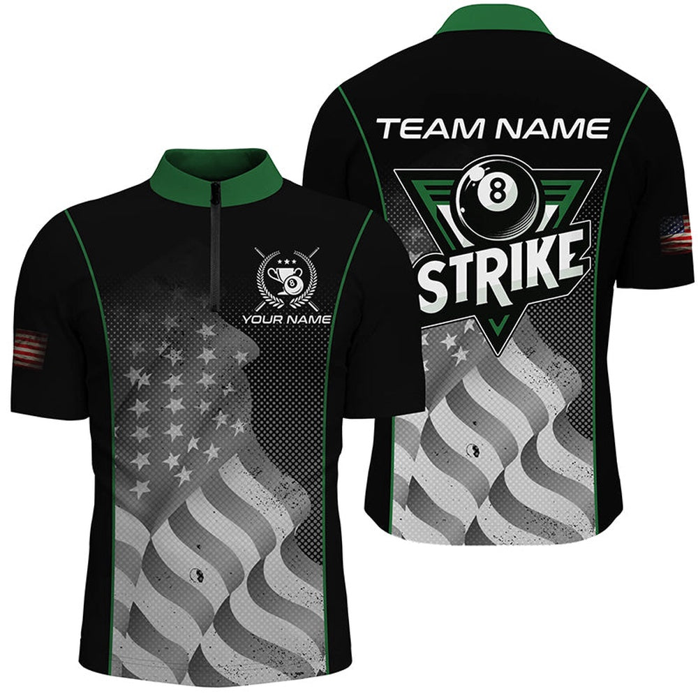 Billiard Polo Shirts, Retro American Flag Strike 8 Ball Billiard Shirts Custom Patriotic Billiard Jerseys Green, Billiards Team Shirts