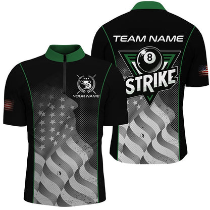 Billiard Polo Shirts, Retro American Flag Strike 8 Ball Billiard Shirts Custom Patriotic Billiard Jerseys Green, Billiards Team Shirts