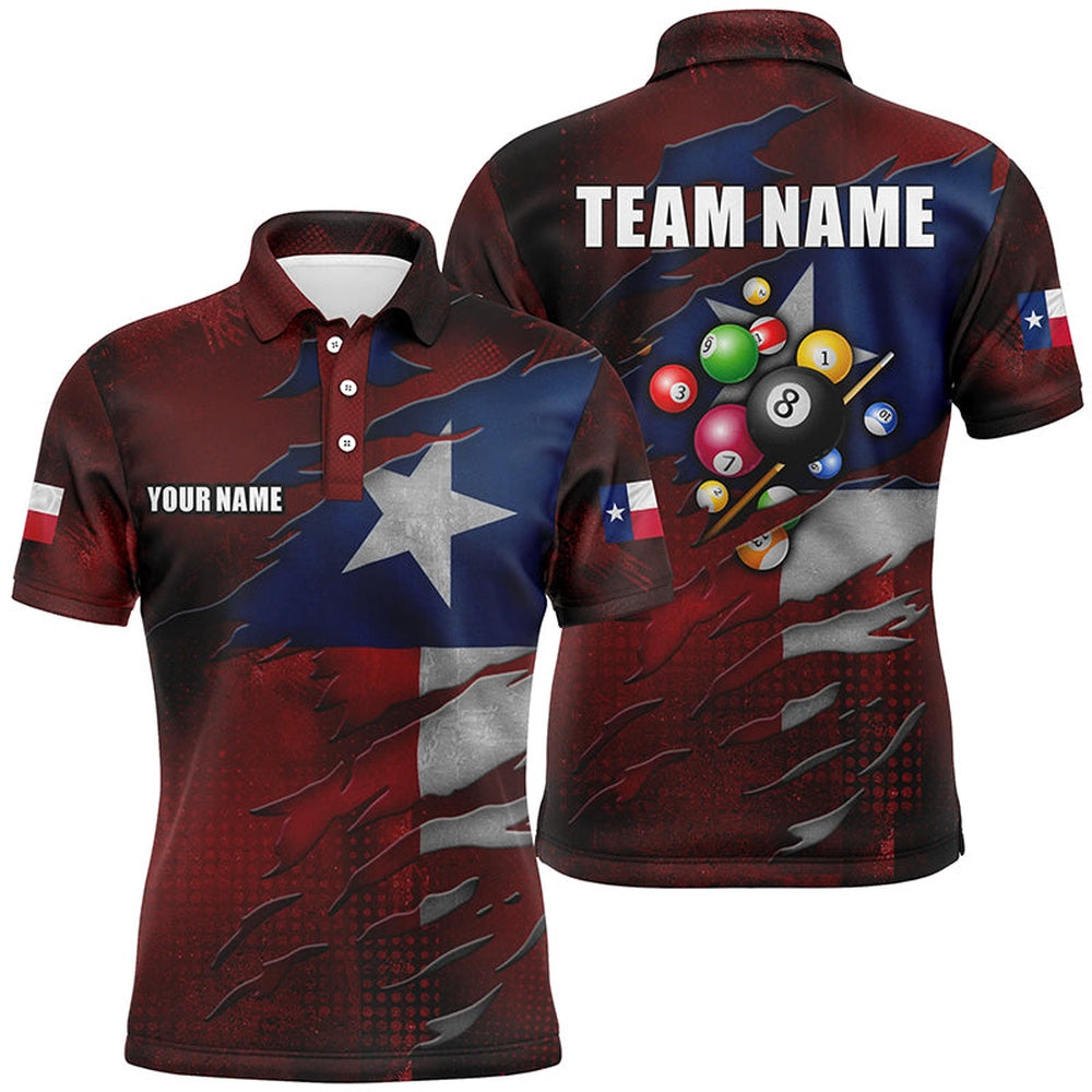 Billiard Polo Shirts, Retro Texas Flag 3D Billiard Balls Pool Shirts Custom Patriotic Billiard Jerseys Attire, Billiards Team Shirts
