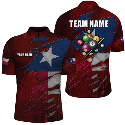 Billiard Polo Shirts, Retro Texas Flag 3D Billiard Balls Pool Shirts Custom Patriotic Billiard Jerseys Attire, Billiards Team Shirts