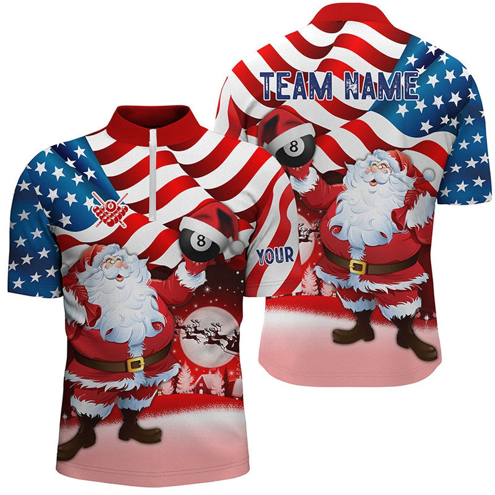 Billiard Polo Shirts, Santa Holding Billiard 8 Ball Custom Name Usa Flag Polo Shirts Best Christmas Shirt Idea Gifts, Billiards Team Shirts