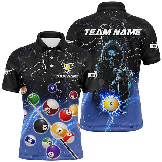 Billiard Polo Shirts, Thunder Lighting Blue Billiard Balls Polo Shirts Personalized Skull 9 Ball Pool Shirts, Billiards Team Shirts