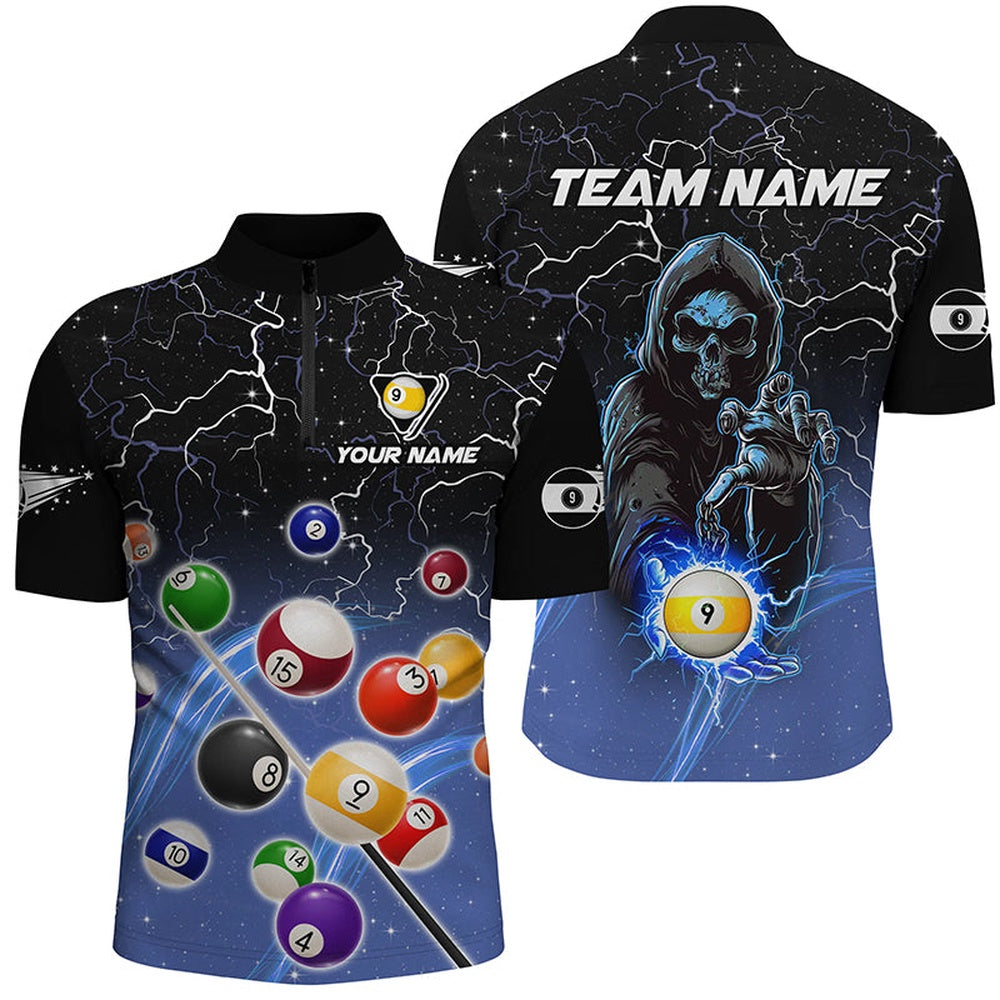 Billiard Polo Shirts, Thunder Lighting Blue Billiard Balls Polo Shirts Personalized Skull 9 Ball Pool Shirts, Billiards Team Shirts