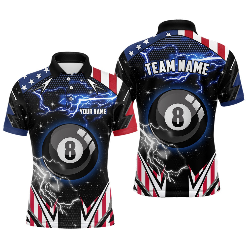 Billiard Polo Shirts, US Flag Lightning 8 Ball Pool Billiard Jerseys Custom Patriotic Team League Billiard Shirts, Billiards Team Shirts