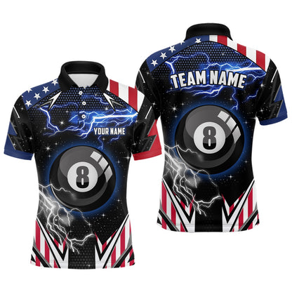 Billiard Polo Shirts, US Flag Lightning 8 Ball Pool Billiard Jerseys Custom Patriotic Team League Billiard Shirts, Billiards Team Shirts
