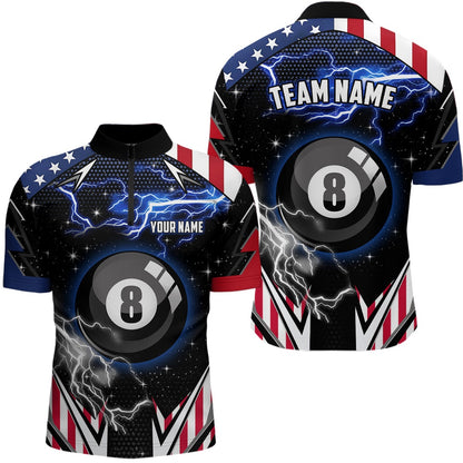 Billiard Polo Shirts, US Flag Lightning 8 Ball Pool Billiard Jerseys Custom Patriotic Team League Billiard Shirts, Billiards Team Shirts