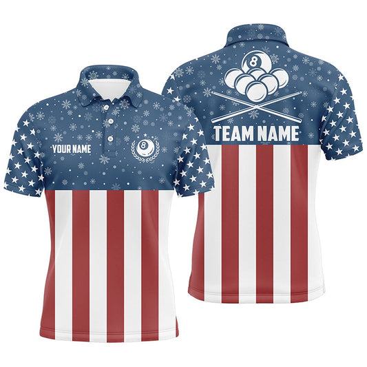 Billiard Polo Shirts, Us Flag Christmas Snowflakes Pattern Custom Billiard Polo Shirts, Patriotic Christmas Shirts, Billiards Team Shirts