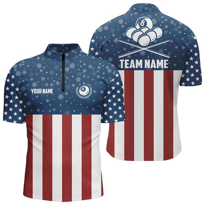 Billiard Polo Shirts, Us Flag Christmas Snowflakes Pattern Custom Billiard Polo Shirts, Patriotic Christmas Shirts, Billiards Team Shirts
