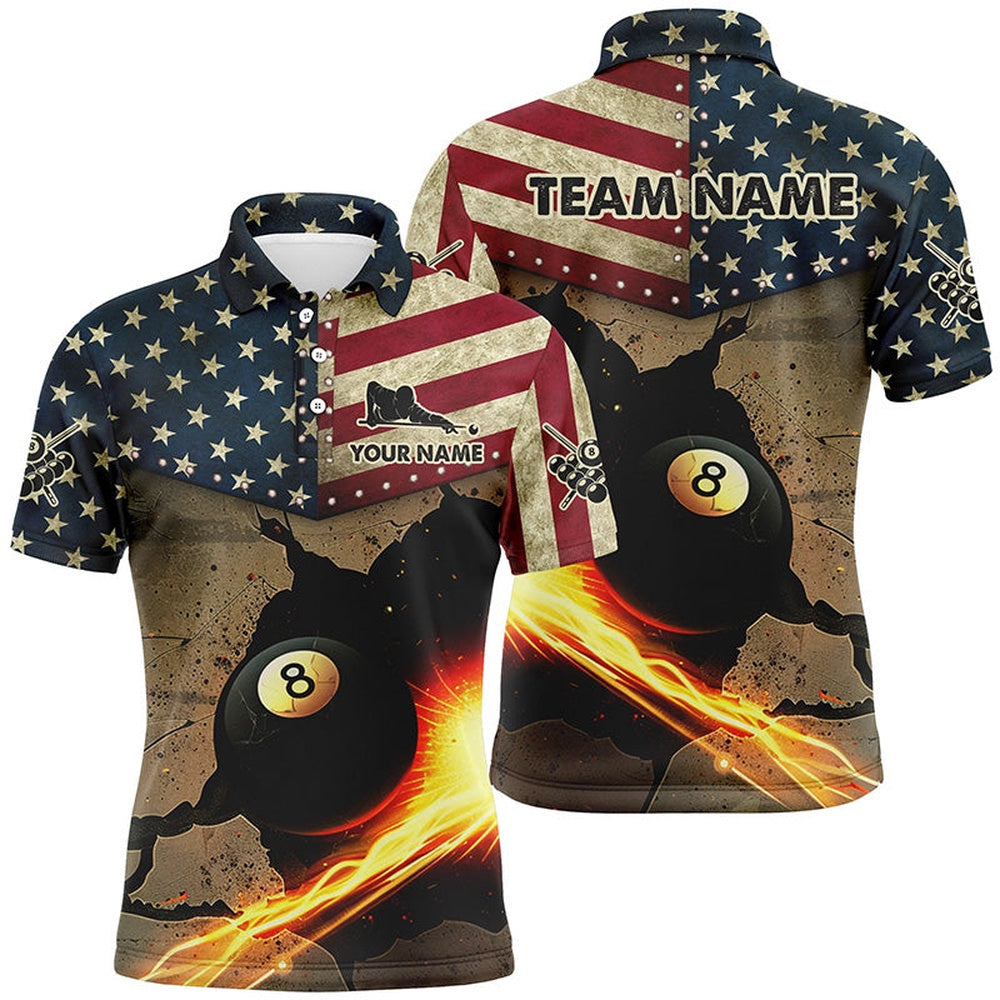 Billiard Polo Shirts, Us Flag Funny 8 Ball Pool In Cracked Wall Custom Billiards Shirts, Father'S Day Billiard Gifts, Billiards Team Shirts