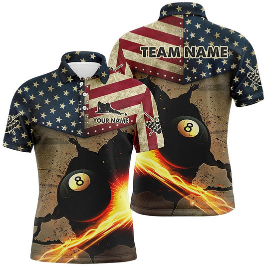 Billiard Polo Shirts, Us Flag Funny 8 Ball Pool In Cracked Wall Custom Billiards Shirts, Father'S Day Billiard Gifts, Billiards Team Shirts