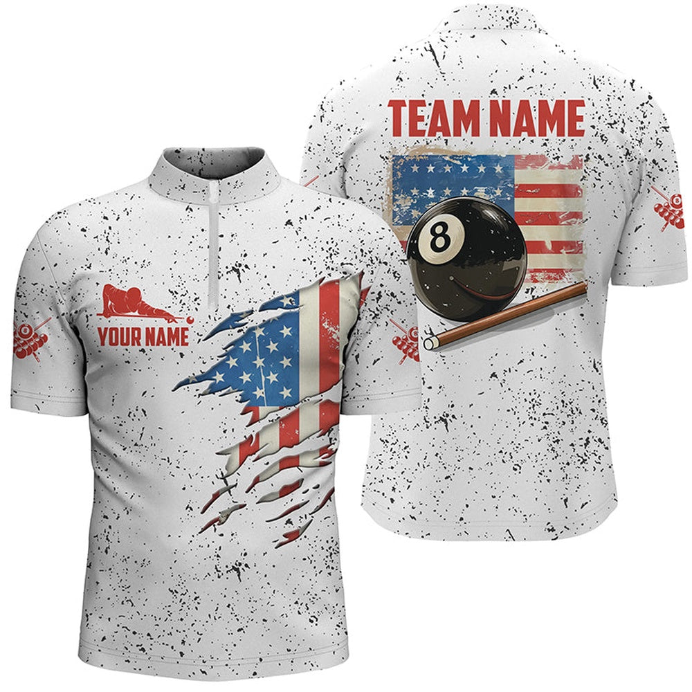 Billiard Polo Shirts, Us Flag Grunge Style Billiard Polo Shirts Custom Patriotic 8 Ball Pool Shirts, Billiards Team Shirts