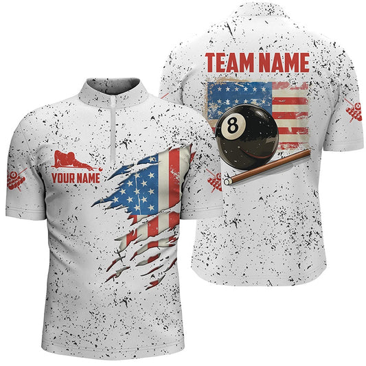 Billiard Polo Shirts, Us Flag Grunge Style Billiard Polo Shirts Custom Patriotic 8 Ball Pool Shirts, Billiards Team Shirts
