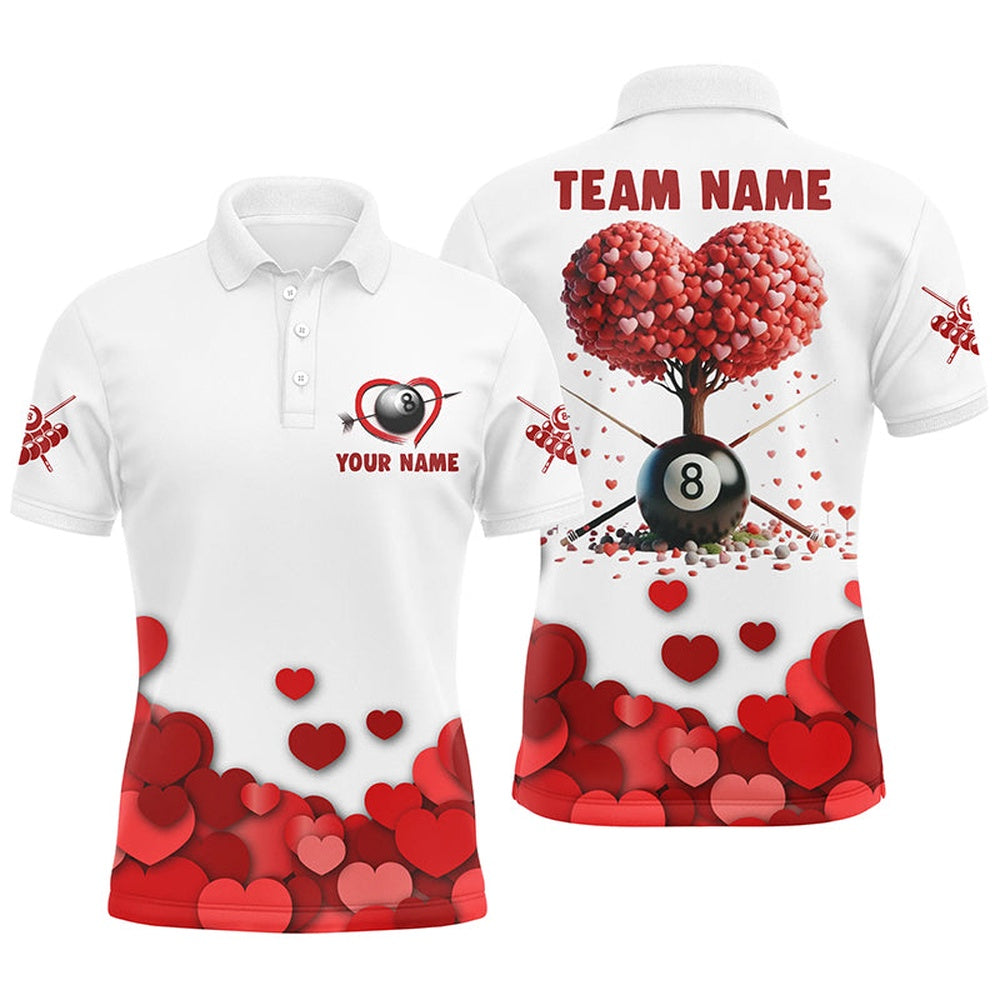 Billiard Polo Shirts, Valentine 8 Ball Pool With Red Hearts Tree Polo Shirts, Custom Billiard Valentines Sport Shirts, Billiards Team Shirts