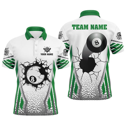 Billiard Polo Shirts, White Green 8 Ball Pool Cracked Wall Personalized Polo Shirts, Custom Billiard Attire Jerseys, Billiards Team Shirts