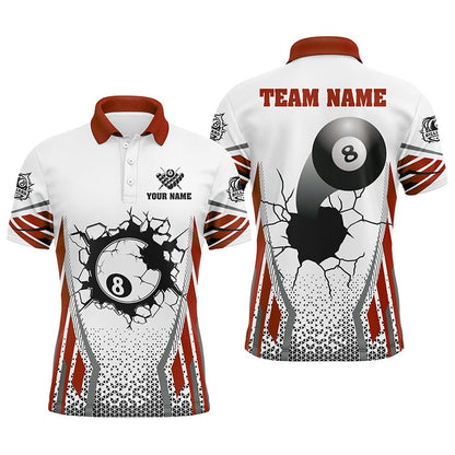 Billiard Polo Shirts, White Red 8 Ball Pool Cracked Wall Personalized Polo Shirts, Custom Billiard Attire Jerseys, Billiards Team Shirts