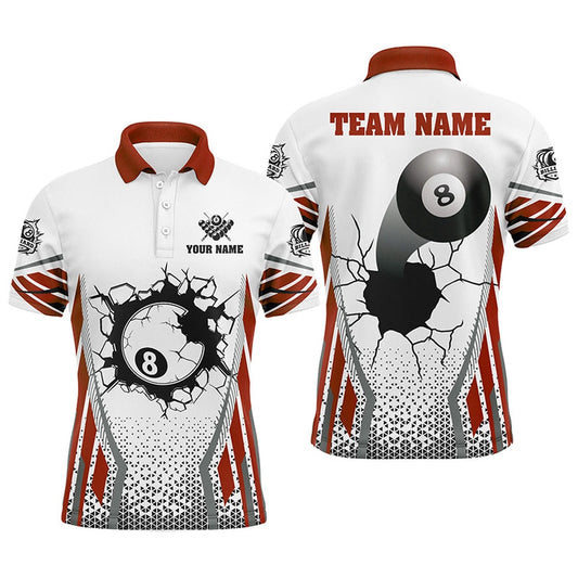 Billiard Polo Shirts, White Red 8 Ball Pool Cracked Wall Personalized Polo Shirts, Custom Billiard Attire Jerseys, Billiards Team Shirts