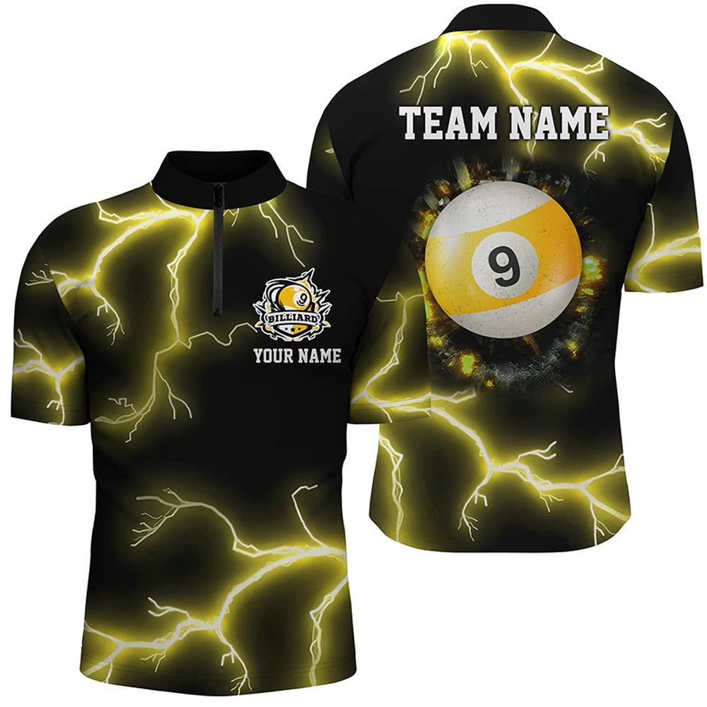 Billiard Polo Shirts, Yellow 9 Ball Pool Thunder Lightning Polo Shirts Custom Billiards Team Shirts, Billiards Team Shirts