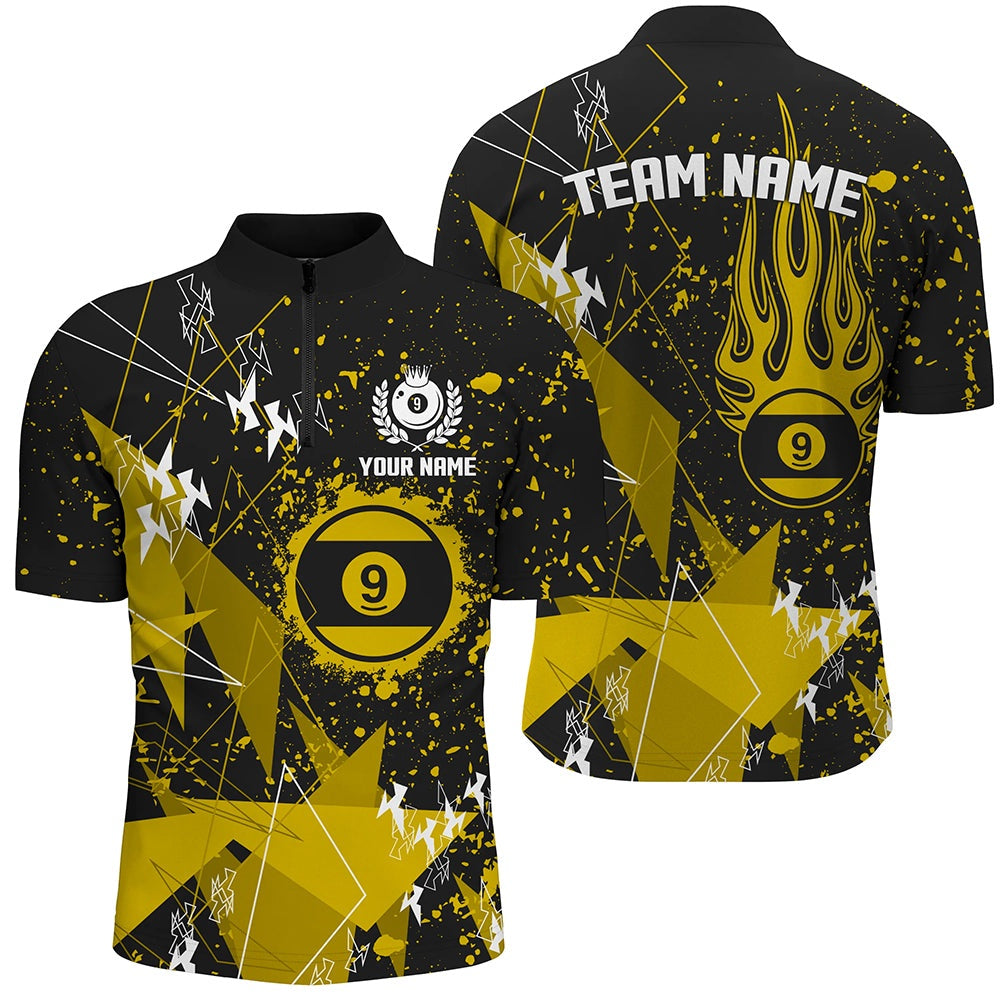 Billiard Polo Shirts, Yellow Grunge 9 Ball Billiard Polo Shirt Custom Billiard Jersey For Pool Player, Billiards Team Shirts