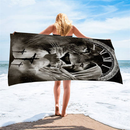 Black And White Drawing Jesus Pray For Healing Lion Of Judah Cross Beach Towel, Christian Beach Towel, Christian Gift, Gift For Women
