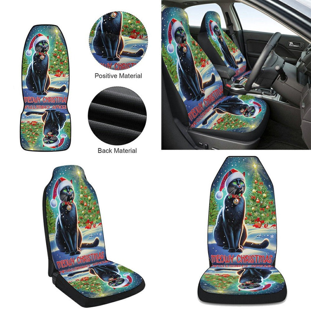 Black Cat Meowy Christmas Cars Seat Cover, Christmas Car Seat Covers, Car Decor Gift