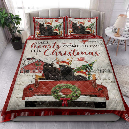 Black Cat Quilt Set, Black Cat With Truckmas Tree Snowflake Farmho Use Red Plaid Quilt Blanket