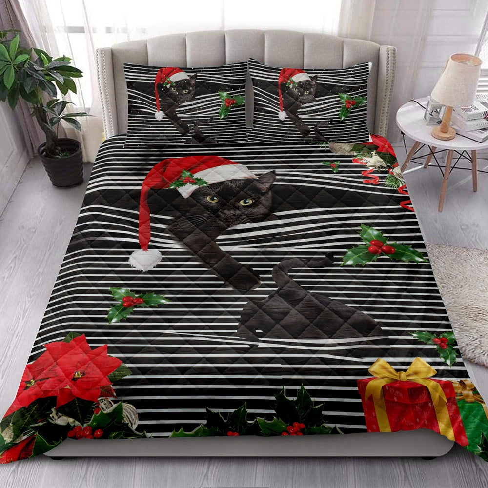 Black Cat Quilt Set, Black Catmas Striped With Santa Hat And Holy Berry Snowflake Quilt Blanket