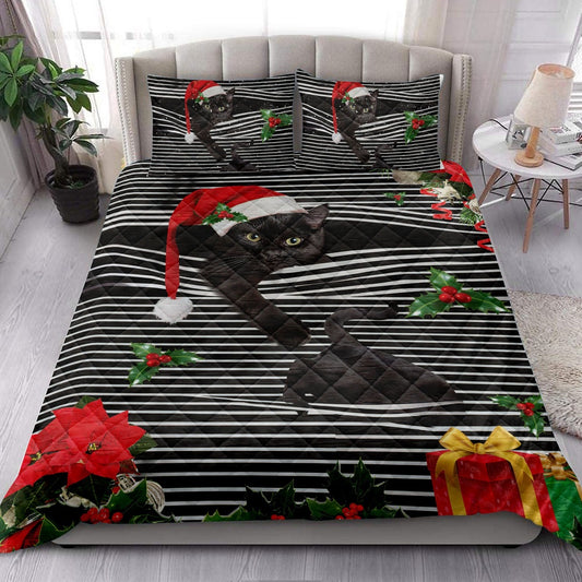 Black Cat Quilt Set, Black Catmas Striped With Santa Hat And Holy Berry Snowflake Quilt Blanket